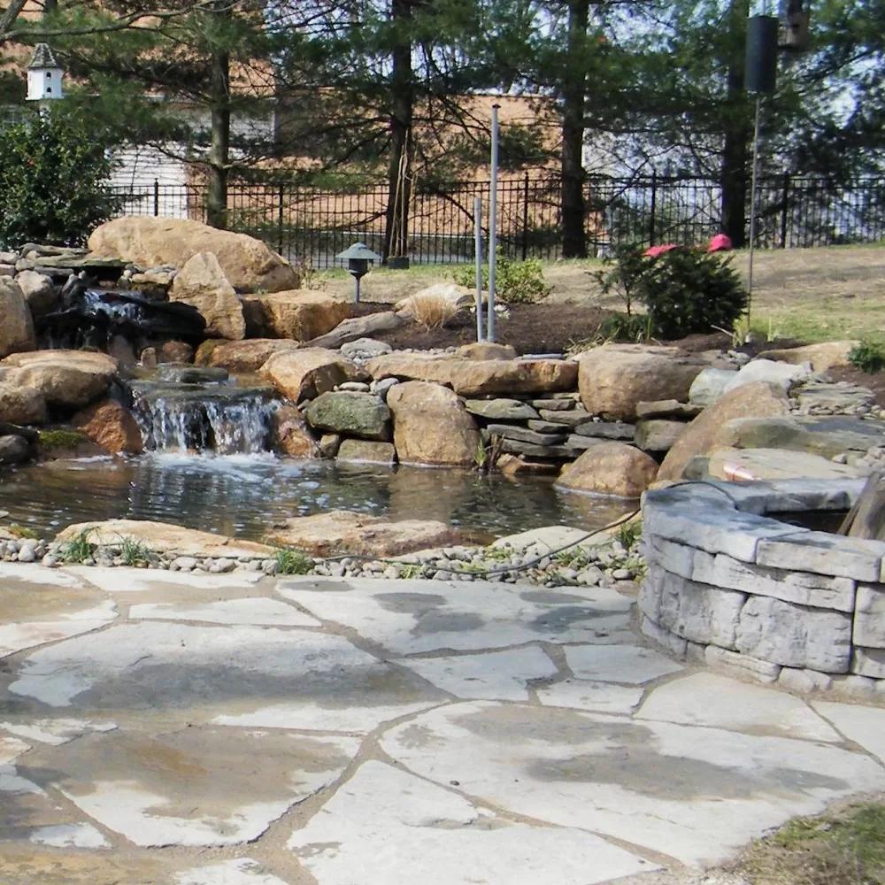 water garden with patio and fire pit